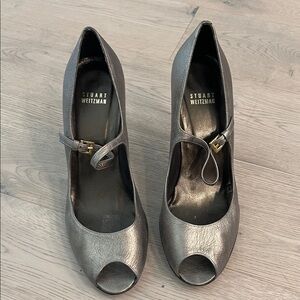 Stuart Weitzman Metallic Gray Peep Toe Heels